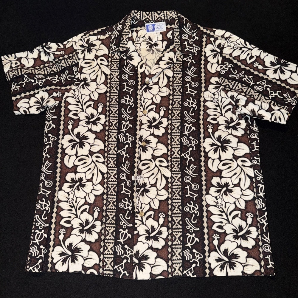 RJC EUC Vintage Brown Hawaiian Shirt Tribal Hibiscus Brown Men Large